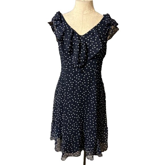 DKNY Dress Navy Blue Ivory 10 Polka Dot Flutter Sleeve A Line Flowy Summer - Picture 4 of 9